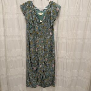 NWT Maeve by Anthropologie Floral Dress Teal Womens 4P V-Neck Ruffle Sleeve